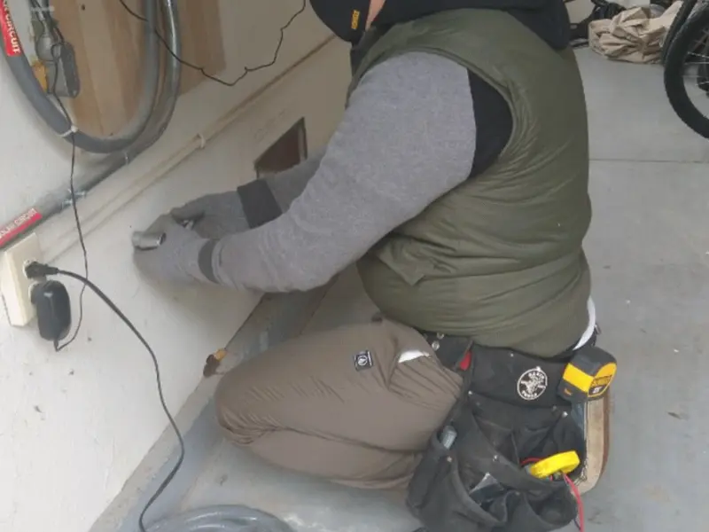 Electrician performing outlet wiring in a North Barrington garage